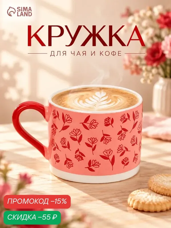 Кружка для чая и кофе «Тюльпаны», фарфоровая, цвет розовый, красный — Сима-ленд, скидка по промокоду Яндекс Маркет
