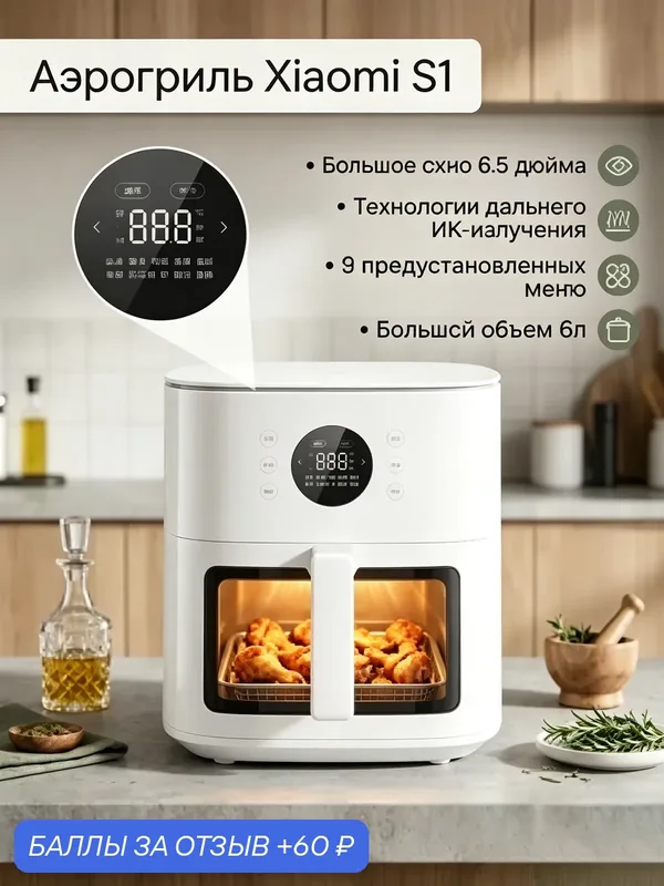 Аэрогриль Xiaomi Mijia S1, объем 6 литров, безмасляная жарка, инфракрасный нагрев, с обзорным окном — Mijia, 60 баллов за отзыв Яндекс Маркет