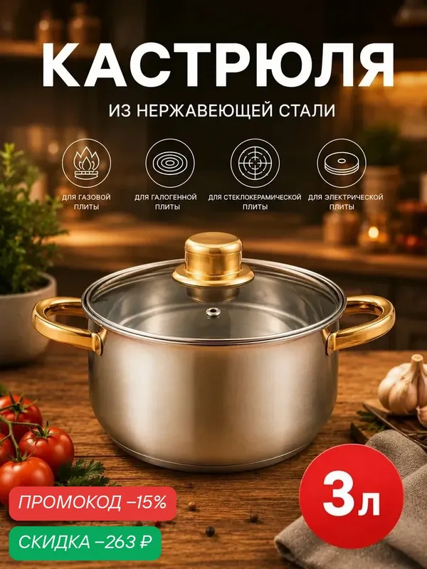 Кастрюля из нержавеющей стали с крышкой Доляна «Стандарт», 3 л, d=20 см — Доляна, скидка по промокоду Яндекс Маркет