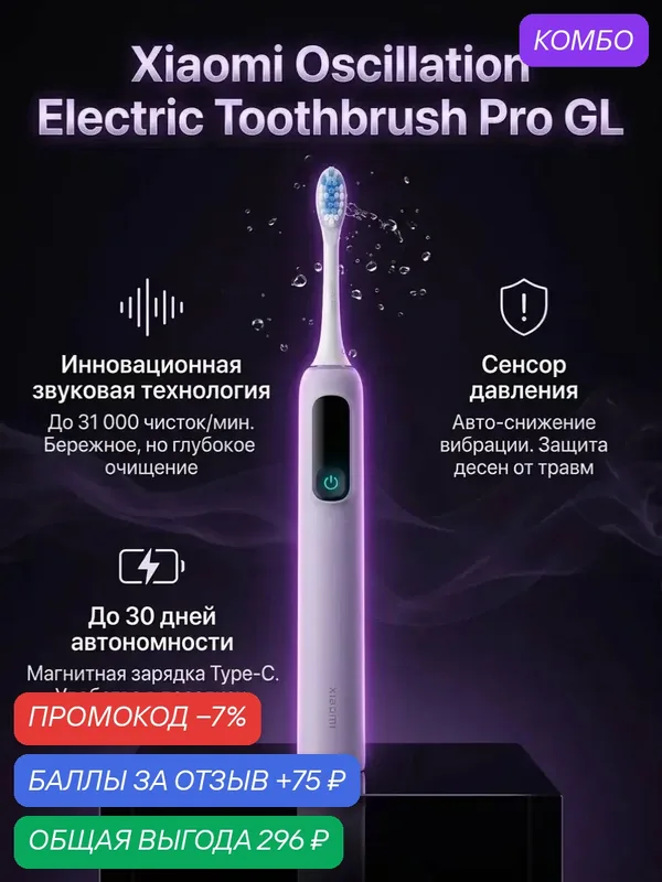 Зубная щетка Mijia Sonic Electric Toothbrush Pro (MES610), фиолетовая, CN — Xiaomi, скидка по промокоду Яндекс Маркет