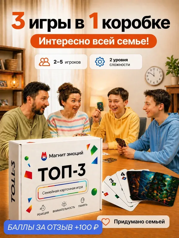 Настольная игра ТОП-3, карточная игра 3 в 1 для всей семьи, компании, двоих, в дорогу на внимательность, реакцию, память — 100 баллов за отзыв Яндекс Маркет