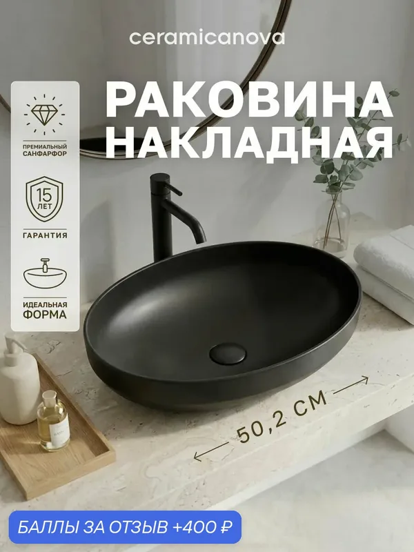 Раковина-чаша накладная Ceramicanova Элемент (Element) CN6056MB, 50, 2×36, 3 см, овальная, черный матовый — Ceramicanova, 400 баллов за отзыв Яндекс Маркет