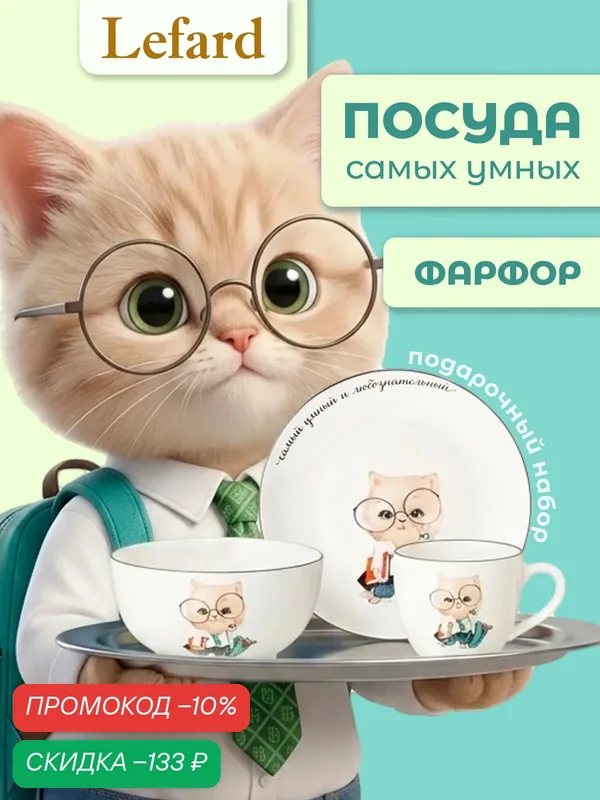 Сервиз Lefard "Самый любознательный", набор детской посуды, фарфоровый, 3 предмета — Lefard, скидка по промокоду Яндекс Маркет