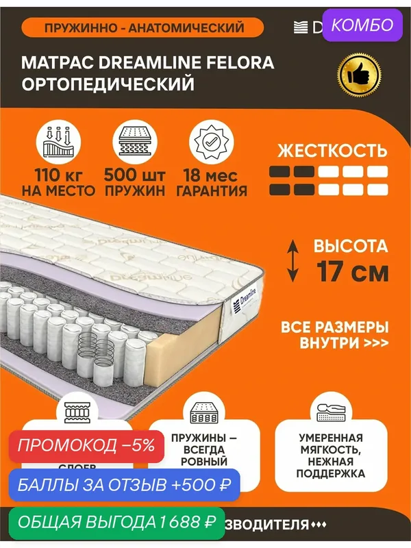 Матрас Dreamline Felora 195х185 серии Lux высота 17 см анатомический средней жесткости Независимые пружины — Dreamline, скидка по промокоду Яндекс Маркет