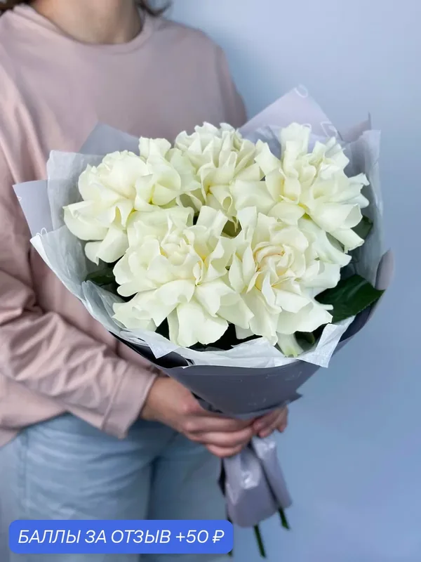 Нежный букет из 5 белых французских роз в стильной матовой упаковке — 50 баллов за отзыв Яндекс Маркет