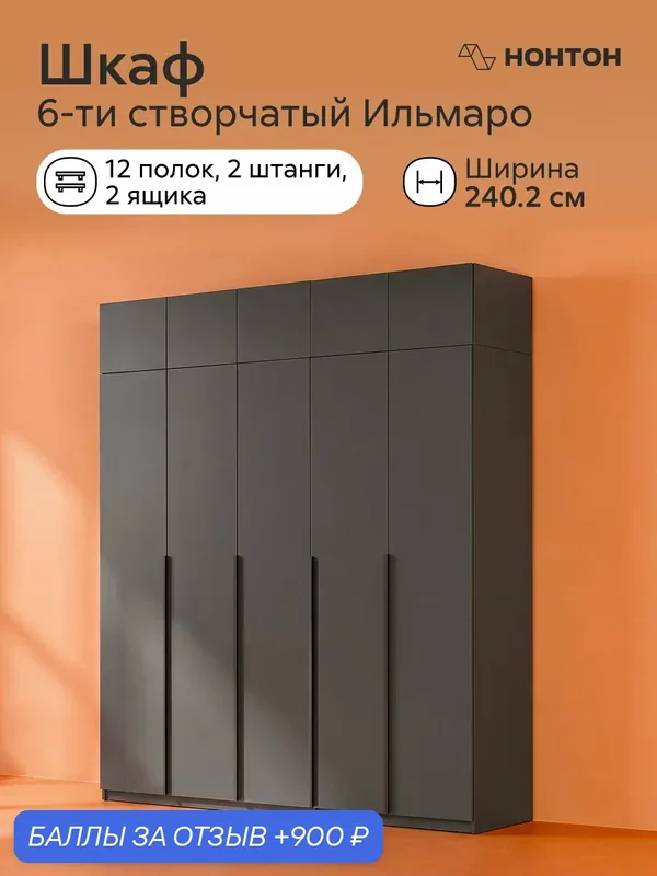 Комплект шкафов Нонтон Ильмаро, Ш: 240.2 * Г:50.6 * В:260, антресоль, (графит серый / 2 штанги) — НОНТОН, 900 баллов за отзыв Яндекс Маркет