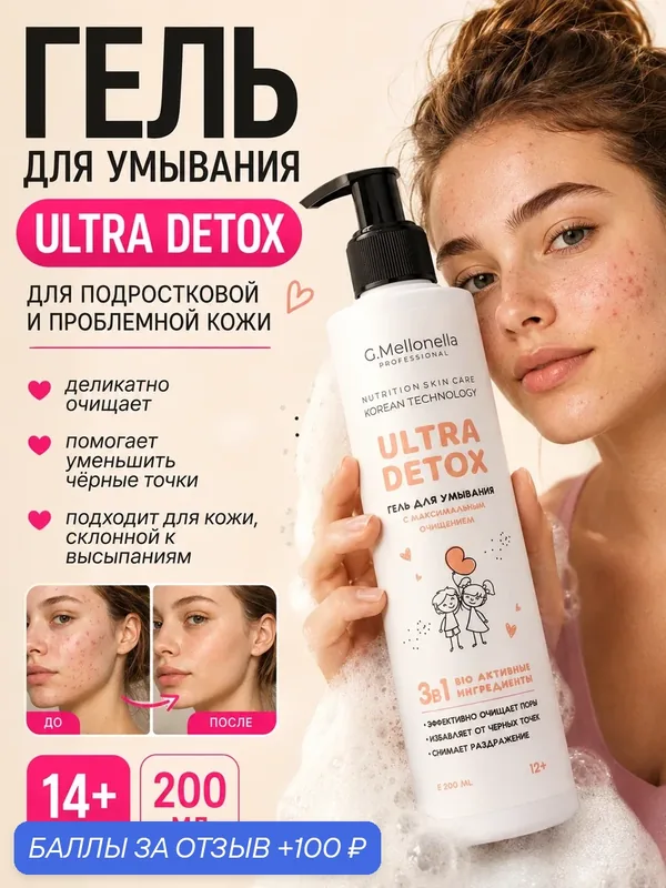 ULTRA DETOX гель для умывания c активированным углем от черных точек и угрей 200 мл. — Touch Zhiva, 100 баллов за отзыв Яндекс Маркет