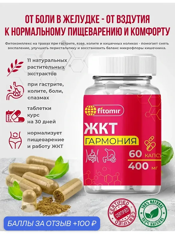 Таблетки для желудка и кишечника Фитомир "ЖКТ Гармония" 60 таблеток — fitomir, скидка по промокоду Яндекс Маркет