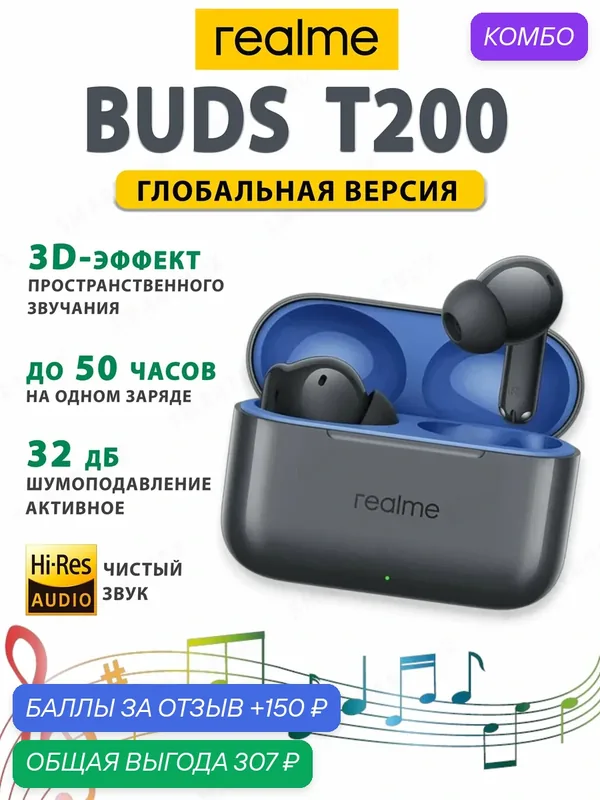 Наушники TWS Realme Buds T200 Hi-Res ANC, черные, Bluetooth 5.4 — realme, промокод и 150 баллов за отзыв Яндекс Маркет