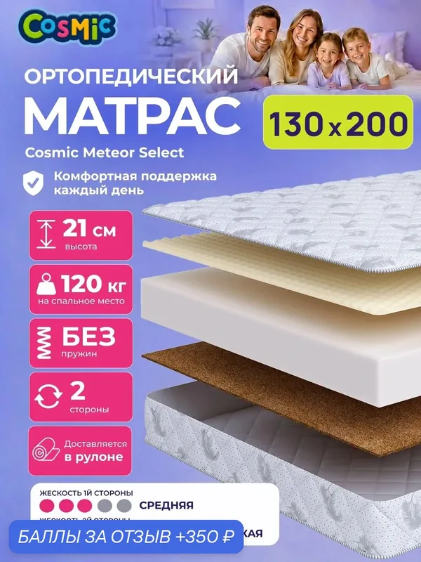 Матрас Cosmic Meteor Select 130x200 см, беспружинный, 2 степени жёсткости, высота 21 см, анатомическая поддержка — Cosmic, 350 баллов за отзыв Яндекс Маркет