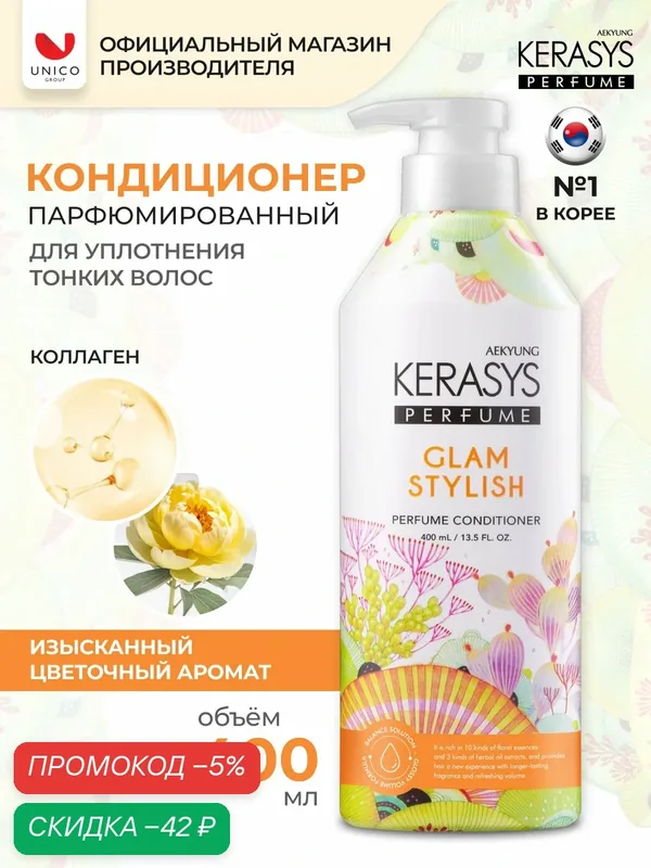Kerasys Парфюмированный Кондиционер для волос Гламур, для всех типов волос, 400 мл, Корея — KeraSys, скидка по промокоду Яндекс Маркет