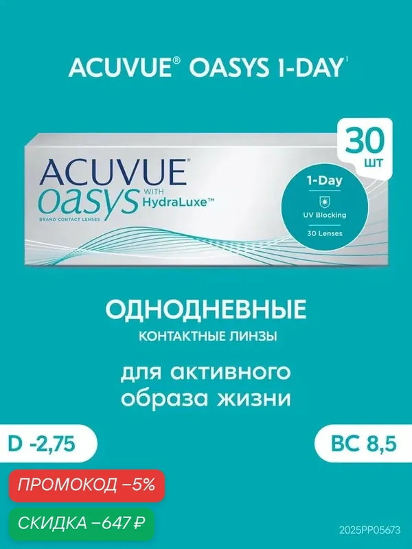 Контактные линзы ACUVUE OASYS 1-DAY with HydraLuxe 30 штук — 2.75, радиус 8.5, однодневные — qianfan, скидка по промокоду Яндекс Маркет