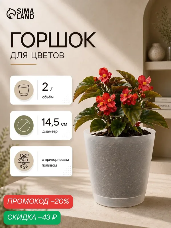 Горшок для цветов «Гранд», 2 л, d=14.5 см, h=15 см, пластиковый, с прикорневым поливом, прозрачный — Сима-ленд, скидка по промокоду Яндекс Маркет