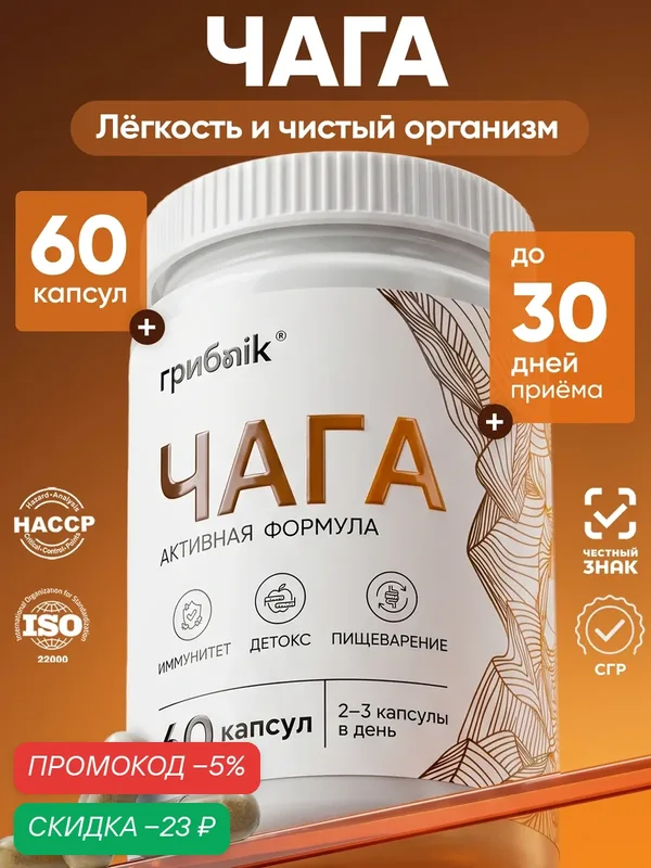 Чага натуральная экстракт в капсулах для иммунитета 60 капсул, грибnik — грибNik, скидка по промокоду Яндекс Маркет