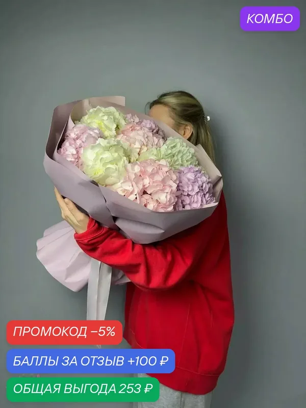 Сиреневый рассвет: букет из белых, розовых и сиреневых гортензий – купить с доставкой — Цветочный вайб, промокод и 100 баллов за отзыв Яндекс Маркет