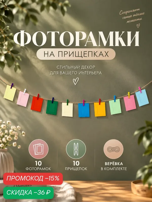 Набор фоторамок ЛАС играс "Цветные моменты", дерево, картон, джут, 10 штук — Сима-ленд, скидка по промокоду Яндекс Маркет