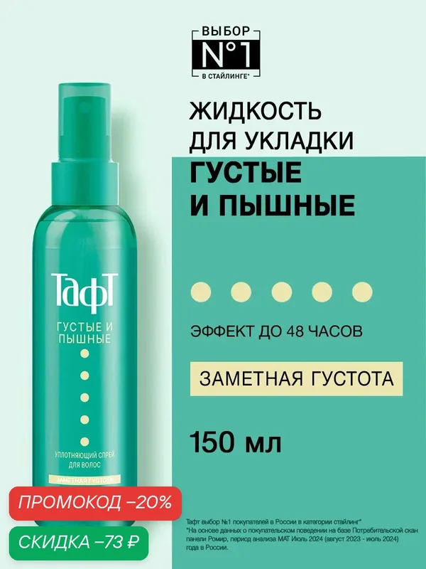 Тафт Густые и Пышные Уплотняющий спрей-термозащита для волос 150мл — Тафт, скидка по промокоду Яндекс Маркет