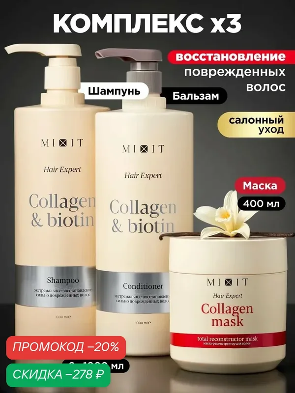 Набор для восстановления волос MIXIT шампунь, бальзам и маска — MIXIT, скидка по промокоду Яндекс Маркет