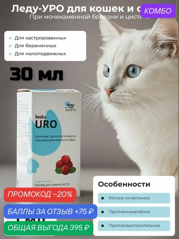 Кормовая добавка при мочекаменной болезни и цистите для кошек и собак Леду-УРО, 30 мл — промокод и 75 баллов за отзыв Яндекс Маркет