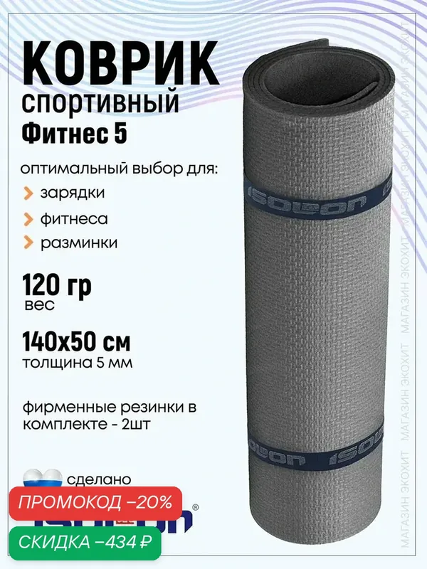 Коврик для фитнеса фитнес / ISOLON / Эластичный, легкий, для спорта и отдыха, не промокает, 2 резинки в подарок, коврик для пляжа — ISOLON, скидка по промокоду Яндекс Маркет