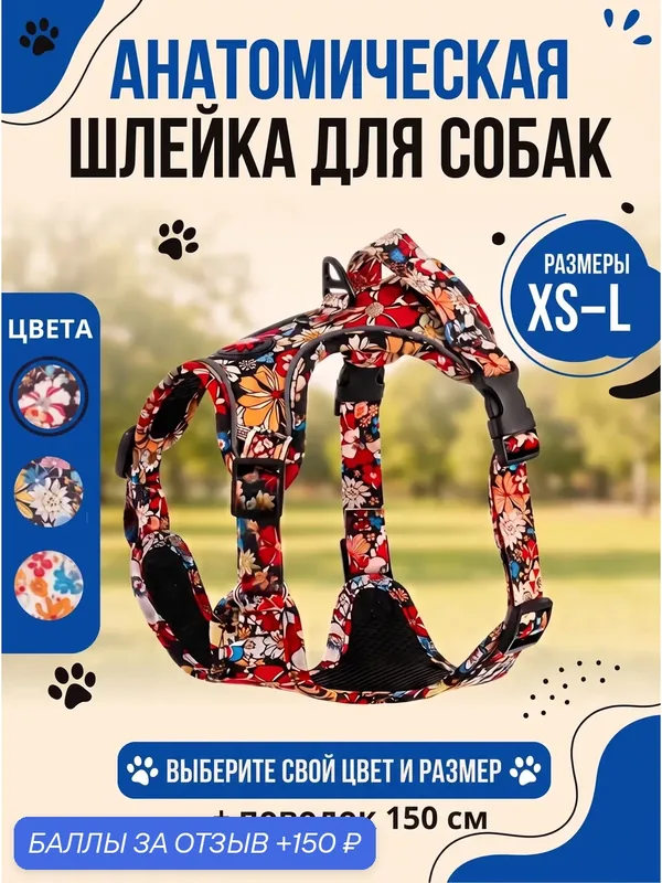 Шлейка для собак, с поводком, для средних и мелких пород, анатомическая, светоотражающая (черная) — 150 баллов за отзыв Яндекс Маркет
