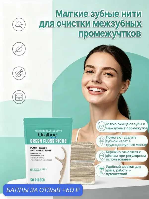 Зубные нити-палочки Бережная очистка Удалите зубной налет и мусор Уход за межзубными Чистящая палочка для зубной нити — 60 баллов за отзыв Яндекс Маркет