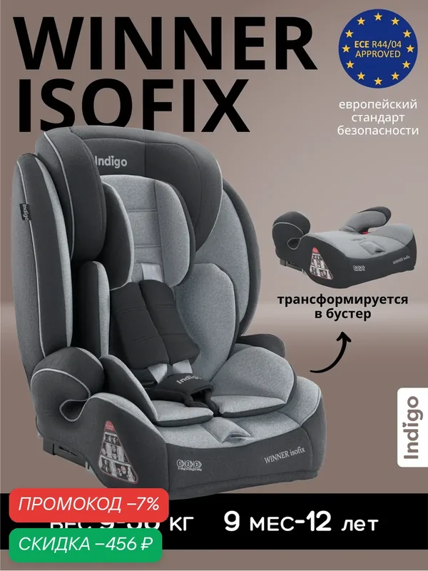 Автокресло бустер 2 в 1 WINNER ISOFIX 9-36 кг, группа 1, 2, 3, темно-серый, светло-серый — Indigo, скидка по промокоду Яндекс Маркет