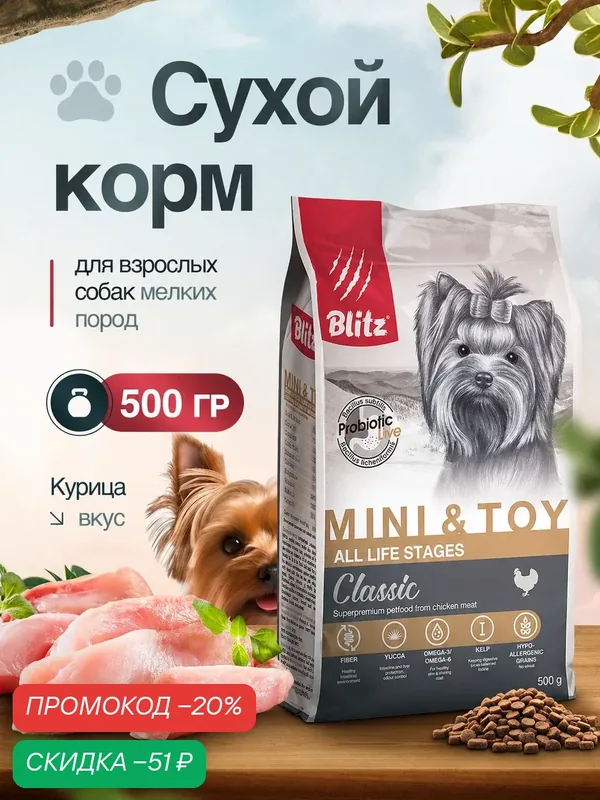 Сухой корм Blitz Classic, для взрослых собак миниатюрных и мелких пород, со вкусом курицы, 0.5 кг — Blitz, скидка по промокоду Яндекс Маркет