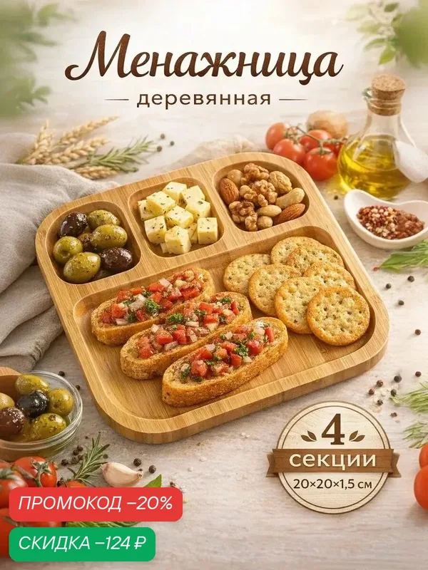 Менажница Доляна Striata, 4 секции, 20×20×1, 5 см, цвет бежевый — Доляна, скидка по промокоду Яндекс Маркет