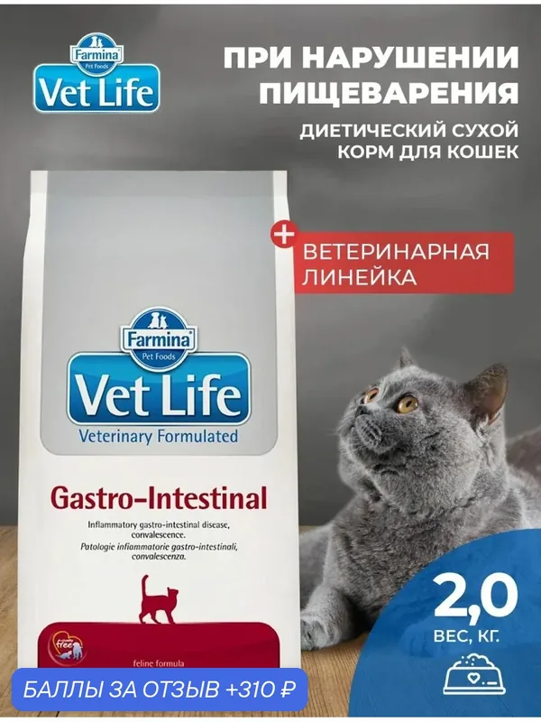 Cухой корм для кошек Farmina Vet Life Gastrointestinal гастро-интестинал 2 кг При заболеваниях ЖКТ — Farmina, 310 баллов за отзыв Яндекс Маркет