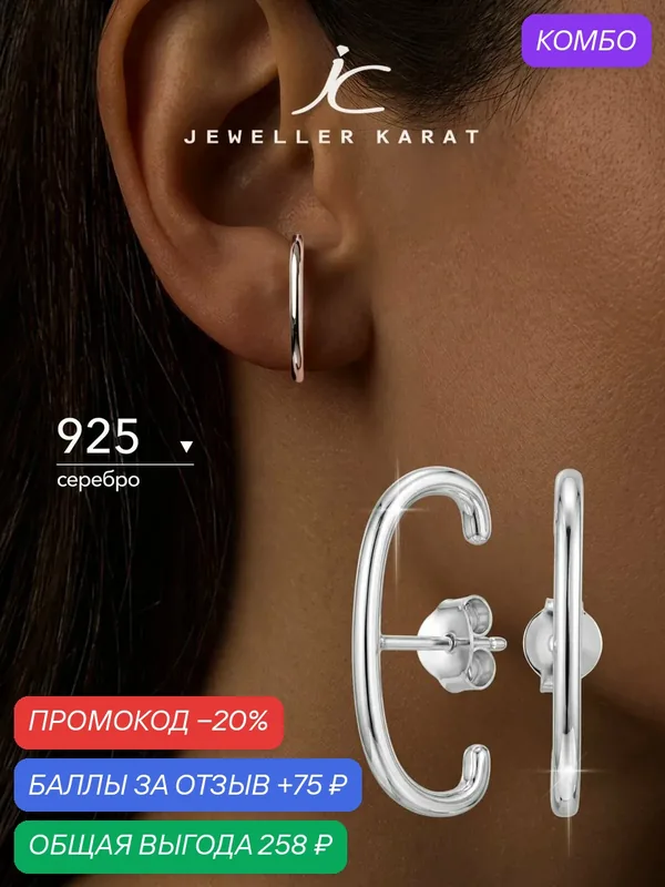 Серьги пусеты, 925 проба, родирование — Ювелир Карат, промокод и 75 баллов за отзыв Яндекс Маркет