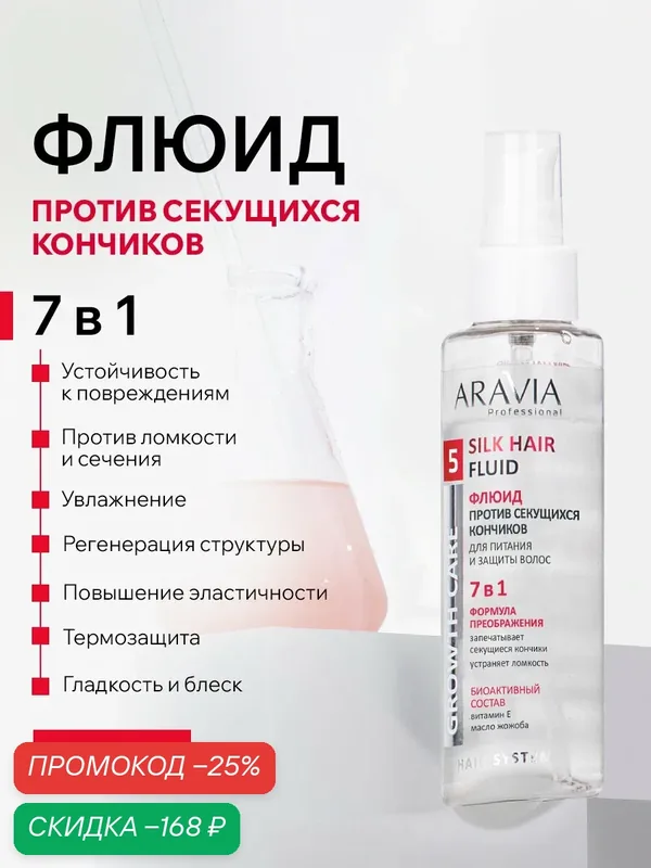 ARAVIA Флюид против секущихся кончиков для интенсивного питания и защиты волос Silk Hair Fluid, 110 мл — ARAVIA, скидка по промокоду Яндекс Маркет