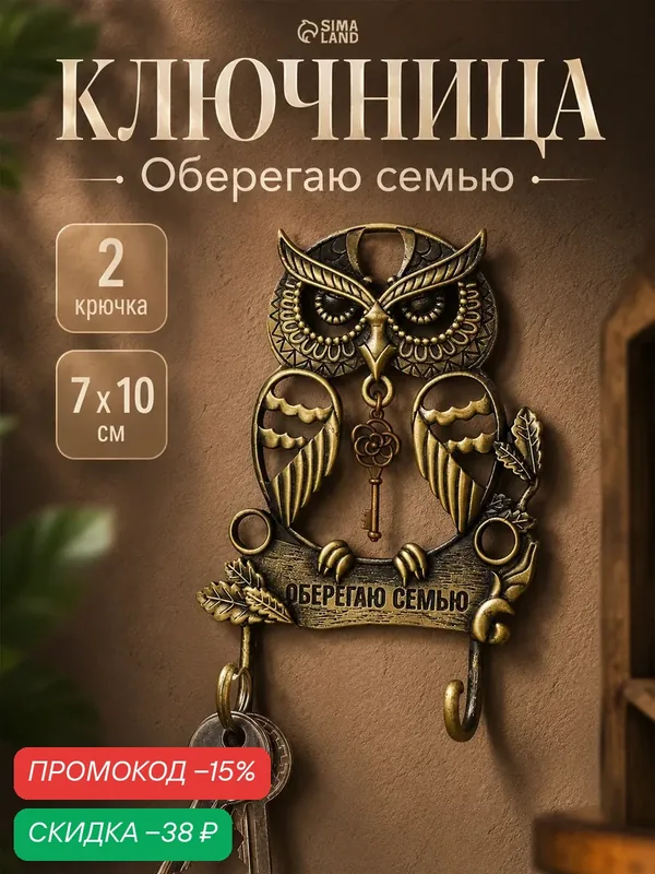 Ключница настенная «Оберегаю семью», сова, 7 х 10 см, металл — Сима-ленд, скидка по промокоду Яндекс Маркет