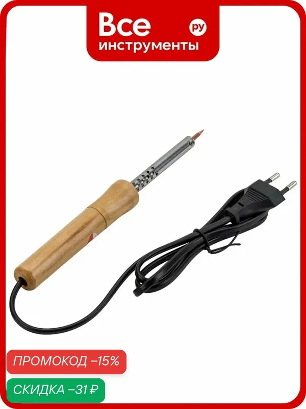 Паяльник онлайт 90 223 ose-pes06-30w‑kp с деревянной рукоятью, прямым жало из меди, жалом и нихромовым нагревателем — ОНЛАЙТ, скидка по промокоду Яндекс Маркет