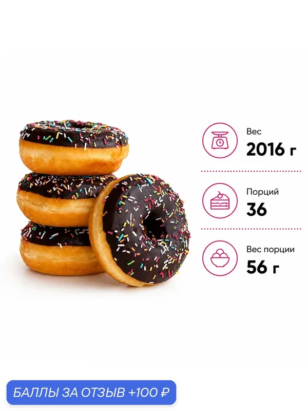 Донат со вкусом шоколада, глазированный, 36 штук по 56 г. (2016 г.) — Dessert Fantasy, 100 баллов за отзыв Яндекс Маркет