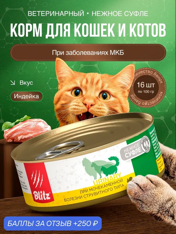 Влажный корм Blitz Urinary Cat, для кошек, при заболеваниях МКБ, с индейкой, 100 гр/16 шт — Blitz, 250 баллов за отзыв Яндекс Маркет