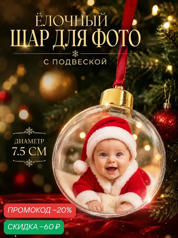 Ёлочный шар новогодний для фото, с подвеской, диаметр 7.5 см — Сима-ленд, скидка по промокоду Яндекс Маркет