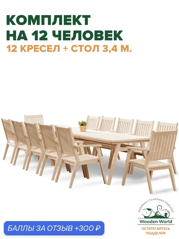 Комплект садовой мебели из массива дерева (стол 3, 4м, 12 кресел) на 12 человек — Wooden-World, 300 баллов за отзыв Яндекс Маркет
