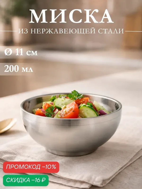 Миска из нержавеющей стали с двойными стенками «Трефор», 200 мл, d=11 см — SKYPHOS, скидка по промокоду Яндекс Маркет