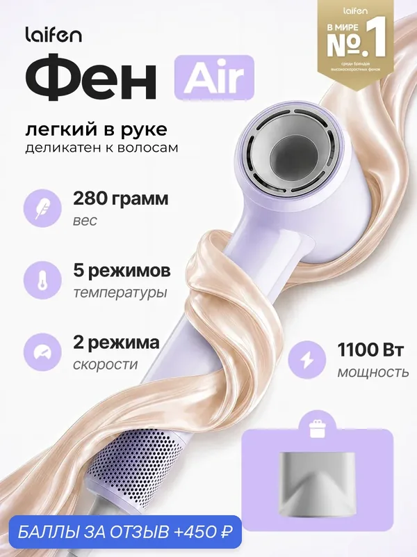 Фен для волос Laifen AIR, термозащита, супербыстрая сушка, легкий, с насадкой концентратором, детский режим — Laifen, 450 баллов за отзыв Яндекс Маркет