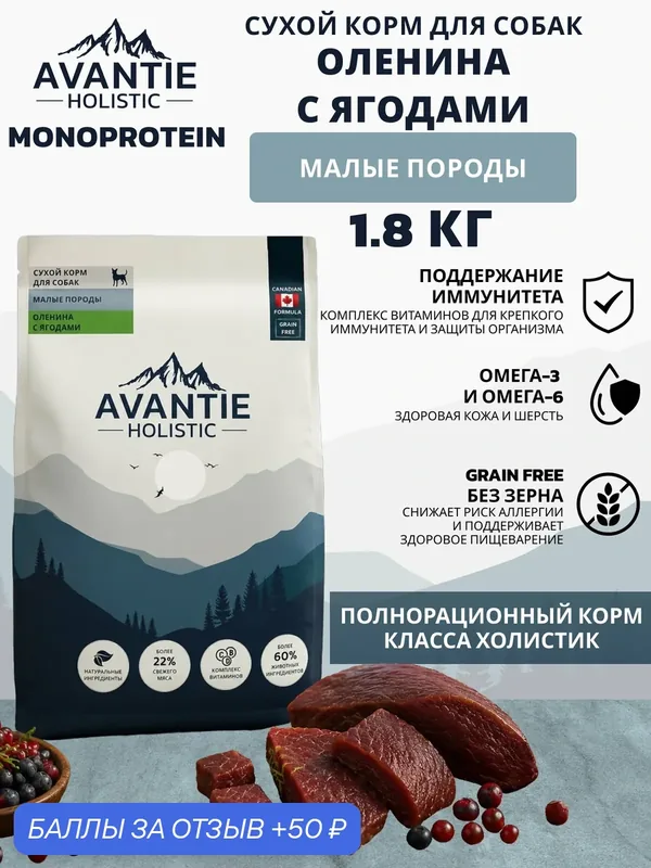 Avantie Holistic Monoprotein Сухой корм для собак мелких пород, Оленина с ягодами 1.8 кг — AVANTIE, 50 баллов за отзыв Яндекс Маркет