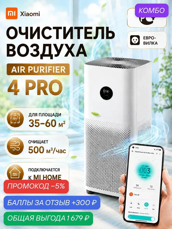 Очиститель воздуха Xiaomi Smart Air Purifier 4 Pro, Воздухоочиститель, EU-Русская версия — Xiaomi, промокод и 300 баллов за отзыв Яндекс Маркет