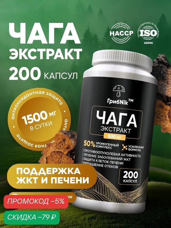 Чага березовая в капсулах, чага экстракт, гриб чага 500 мг, 200 капсул ГрибNik — грибNik, скидка по промокоду Яндекс Маркет