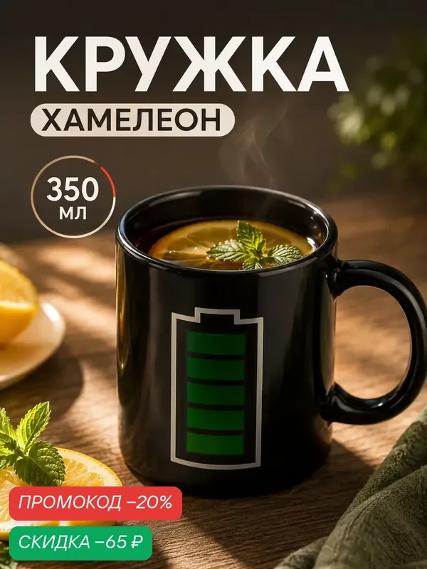 Кружка для чая и кофе Доляна Хамелеон "Заряд Энергии" 350мл цвет черный — Доляна, скидка по промокоду Яндекс Маркет