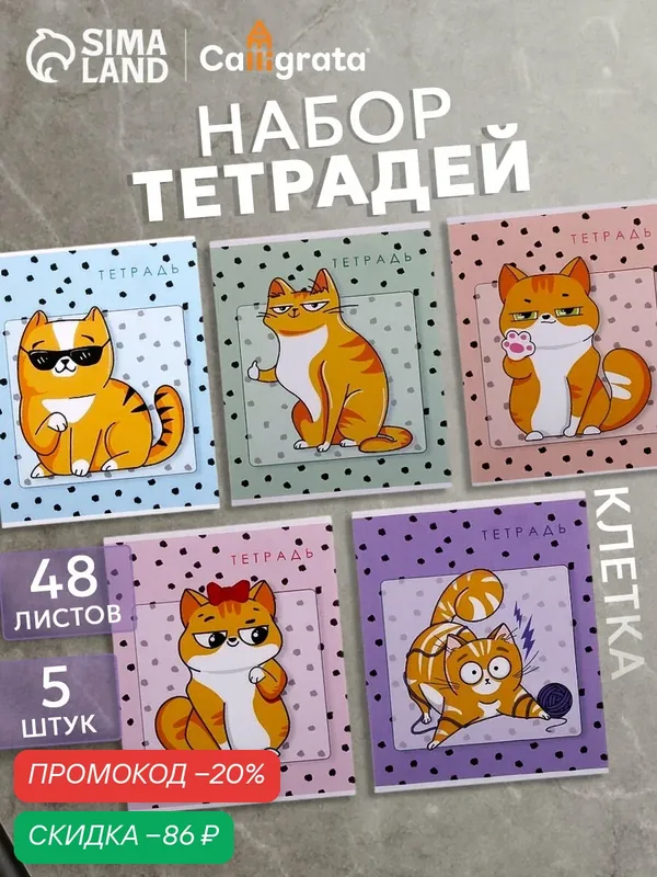 Тетради 5 штук, 48 листов в клетку «Коты», обложка мелованный картон, блок офсет — Calligrata, скидка по промокоду Яндекс Маркет