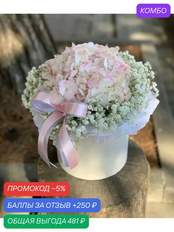 Композиция в шляпной коробке «Шик и воздушность», гортензия и гипсофила — промокод и 250 баллов за отзыв Яндекс Маркет