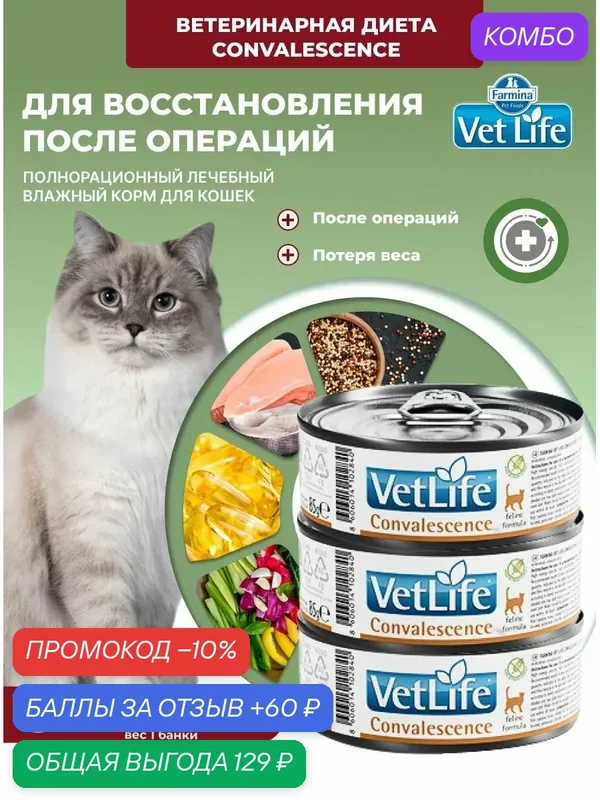 Влажный диетический корм Vet Life Farmina Для кошек Вет Лайф паштет конвалесценсе Фармина 85 г — 3 шт Convalescence Восстановление после болезни, после операции, для ослабленных — Farmina, промокод и 60 баллов за отзыв Яндекс Маркет