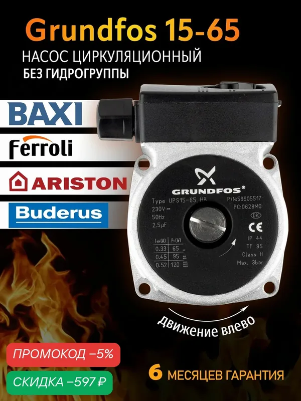 Насос циркуляционный / двигатель насоса Grundfos 15-65 (без гидрогруппы) для котлов Hermann, Beretta, Westen и др — скидка по промокоду Яндекс Маркет