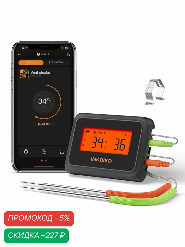 Кулинарный термометр INKBIRD IDT-22B, 2 щупа, поддержка Bluetooth 5.4 — INKBIRD, скидка по промокоду Яндекс Маркет