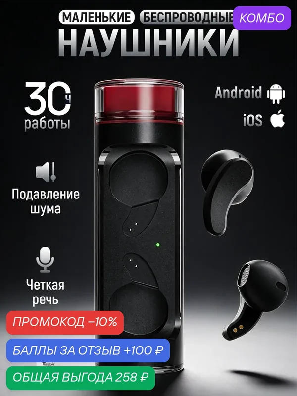 Беспроводные наушники блютус, для телефона, андроид и айфон, с микрофоном — MILDSTORE, промокод и 100 баллов за отзыв Яндекс Маркет
